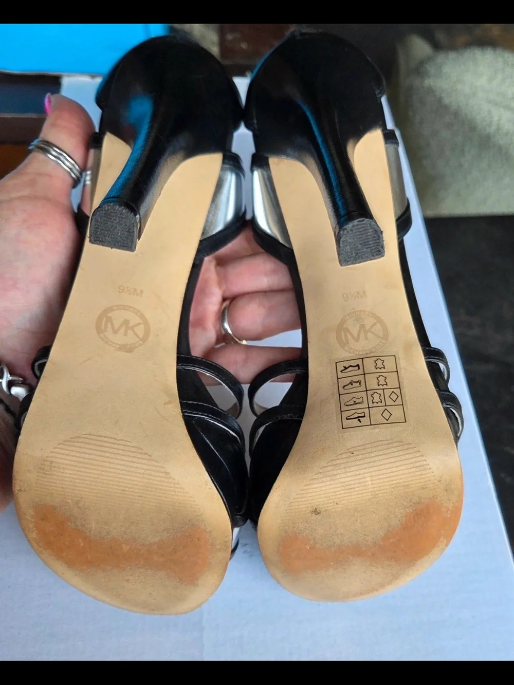 Michael Kors Black Strappy Platform Heeled Sandals with Silver Footbed
